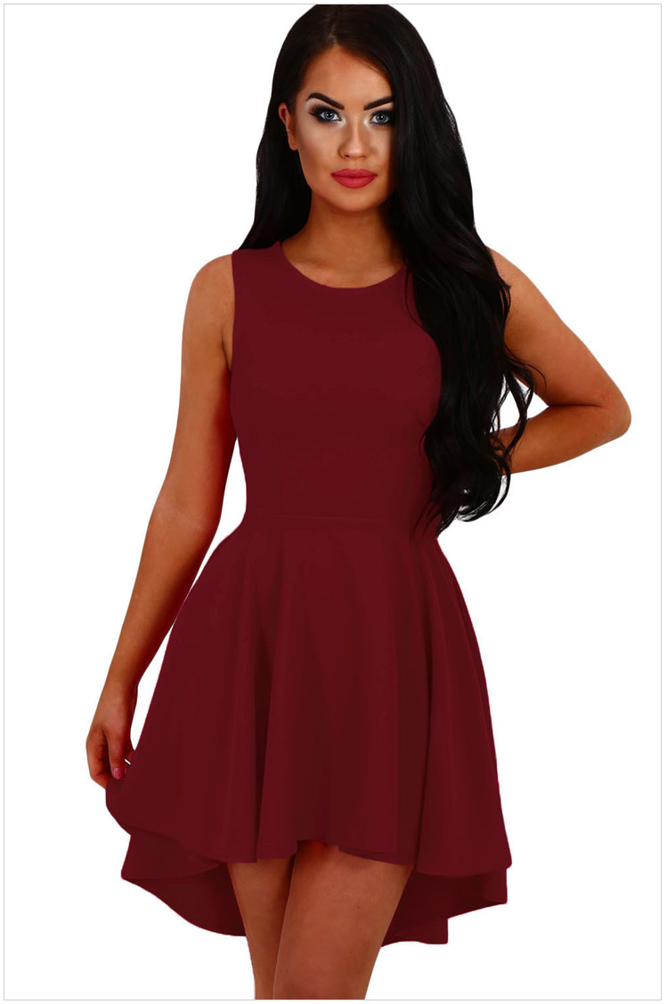 Fashion Round Neck Sleeveless Skater Dress - Wine Red