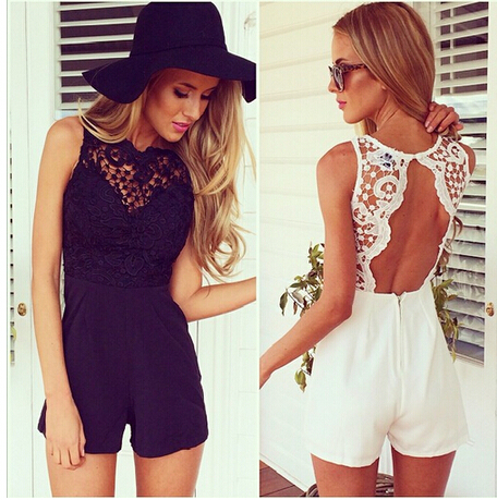 Fashion Patchwork Design Backless Round Neck Rompers
