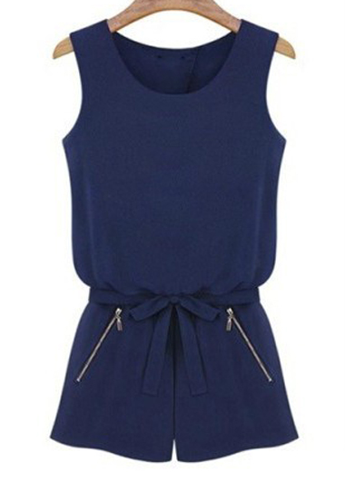 Navy Blue Crew Neck Sleeveless Romper Featuring Bow Accent Waist And Front Zipper Detailing