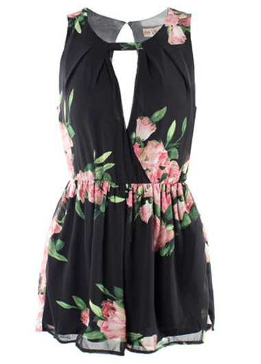 Black Floral Print Sleeveless Romper With Crew Neck And Cutout Detailing