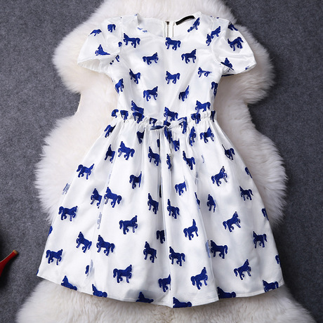 Luxury Horse Printed Short Sleeve Organza Dress - Blue