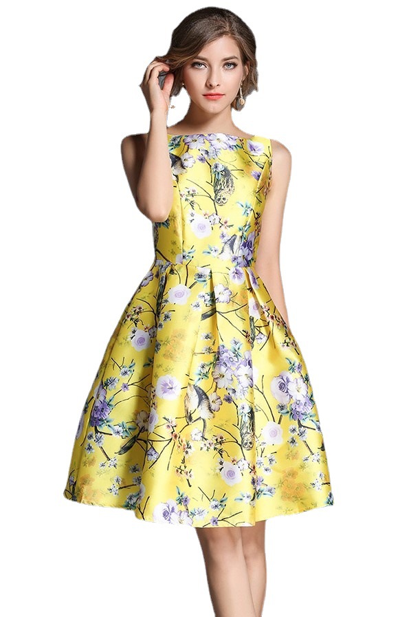 Luxury Floral Yellow Sleeveless Dress