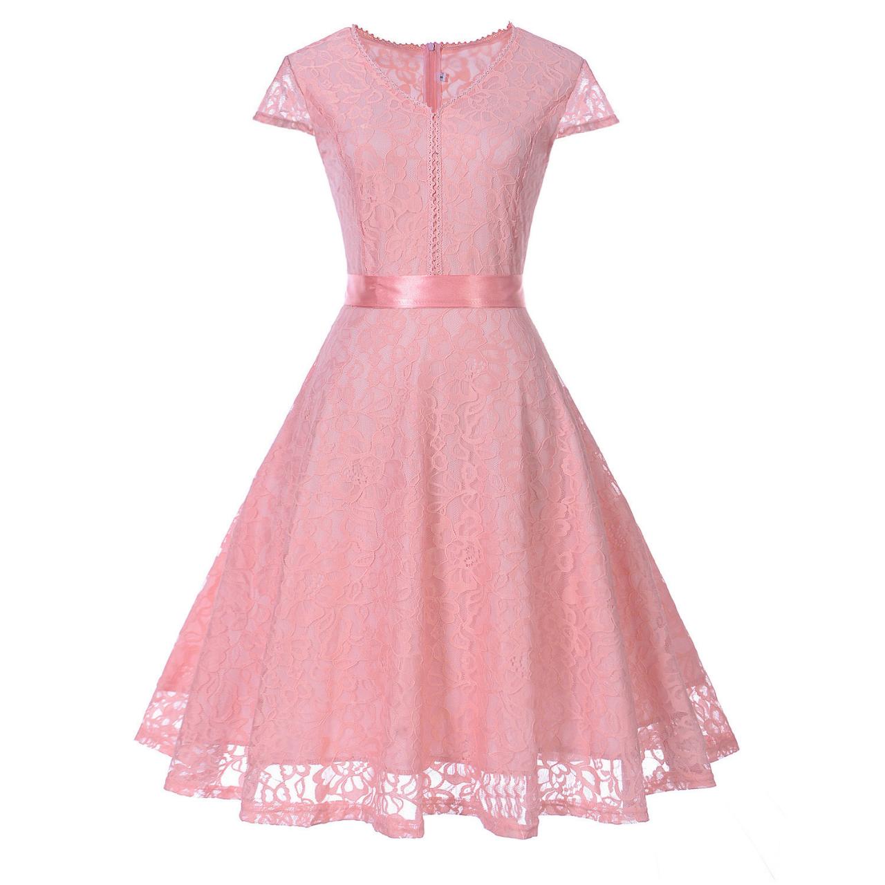 Elegant V Neck Short Sleeve Lace Dress With Belt - Pink