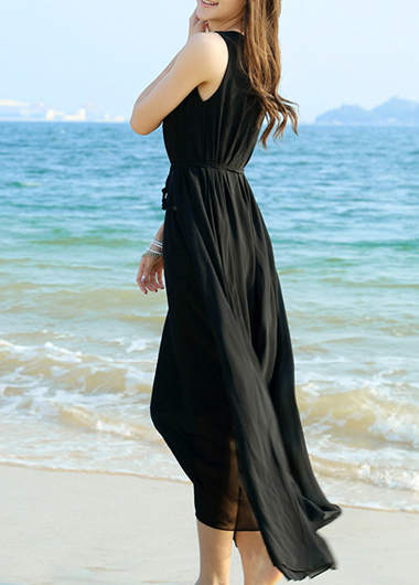 Fashion Round Neck Empire Waist Maxi Chiffon Beach Dress - Black on Luulla