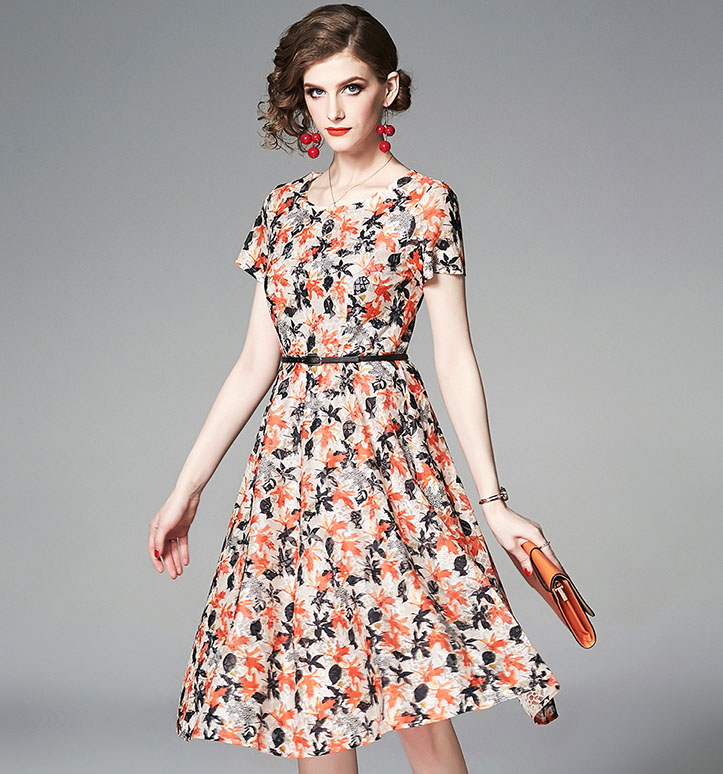 Short Sleeve Printed Round Neck A Line Dress With Belt