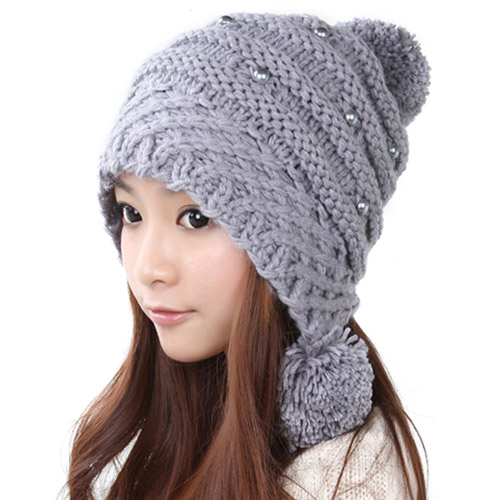 Free Shipping Lovely Female Winter Hat Knit Wool Cap - Grey