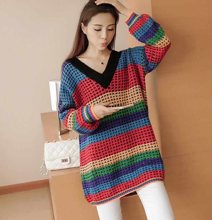Loose V collar stripe knitted sweater