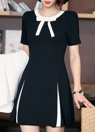 Fashion Bow Neckline Contrast Black A Line Dress - Black
