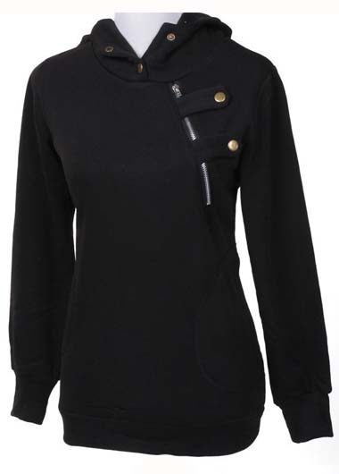 Hooded Collar Long Sleeve Woman Sweats - Black