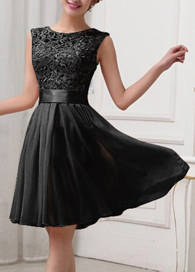 Fashion Lace Splicing Chiffon Knee Length Dress - Black