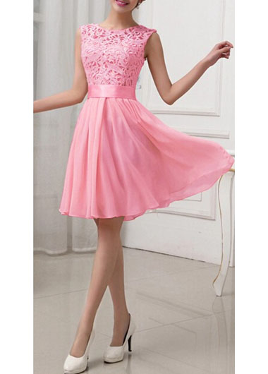 Fashion Lace Splicing Chiffon Knee Length Dress - Rose