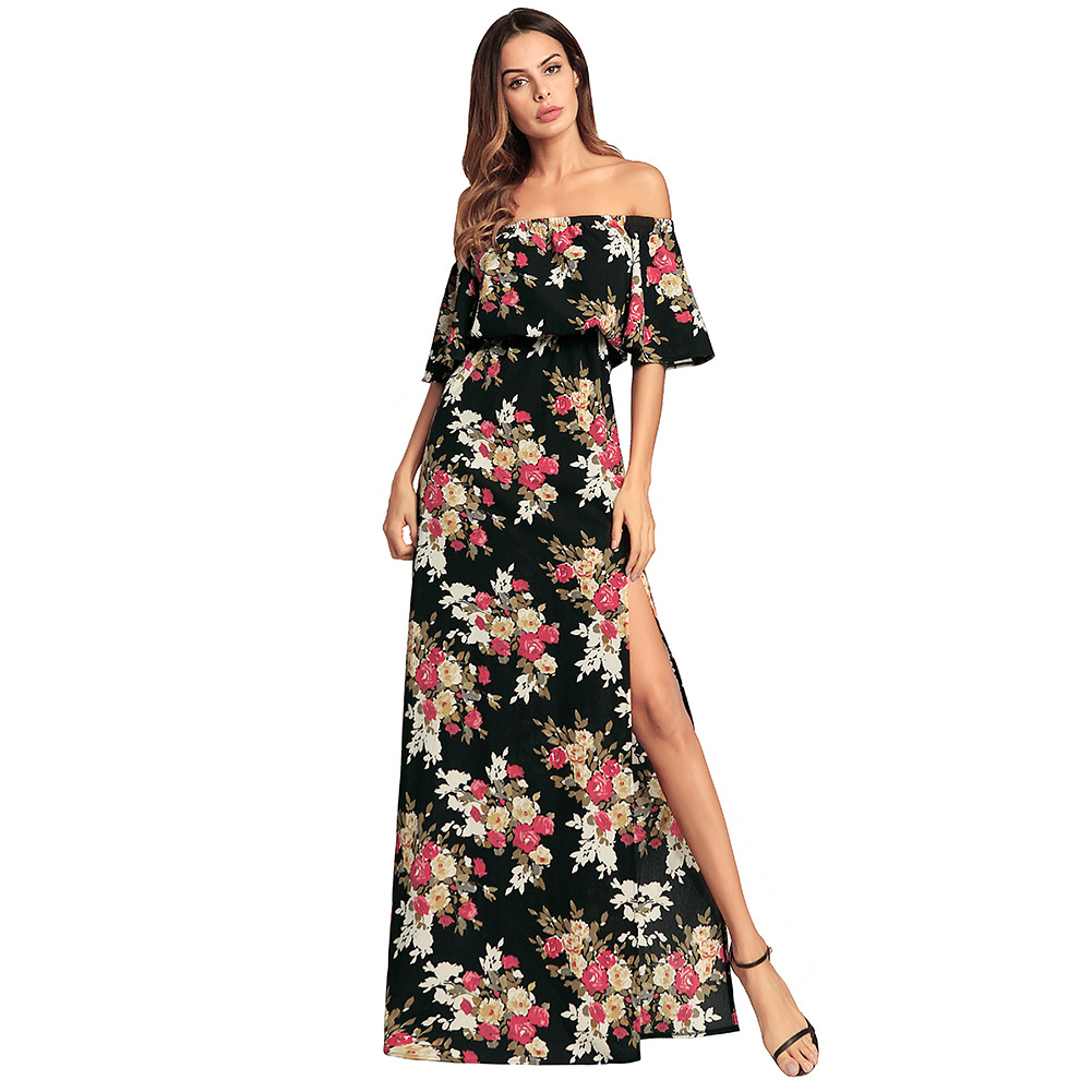 Elegant Flower Print Short Sleeve Maxi Dress