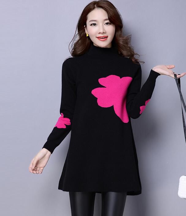 Winter Printingloose Knit Female Long Sleeved Sweater - Black