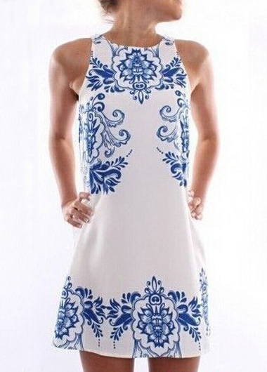 Fashion Porcelain Print White Chiffon Straight Dress - Blue