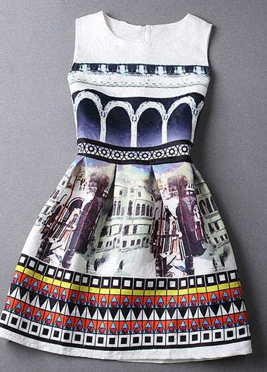 Fashion Sleeveless Zipper Closure Printed Flared Skater Dress