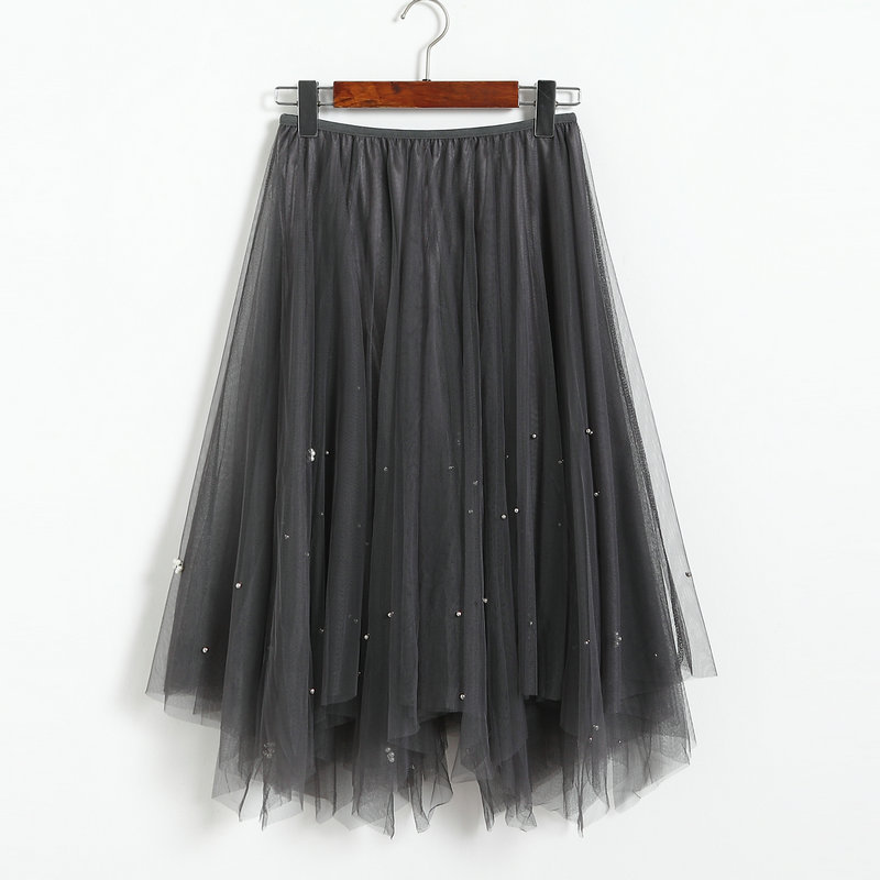 Autumn Fashion Beaded Irregular Gauze Hgh Waist Skirt
