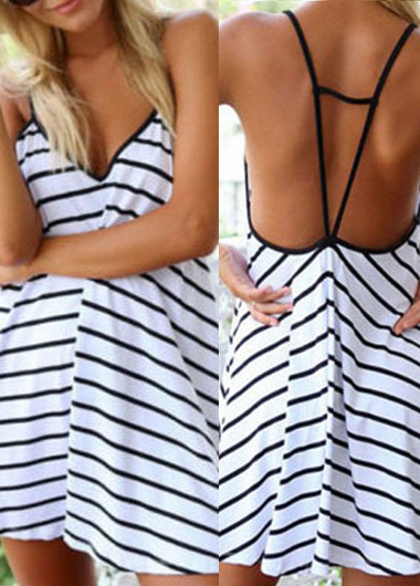 Sexy V Neck Spaghetti Strap Black And White Striped Dress