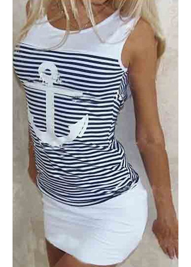 Casual Cowl Back Anchor And Stripe Printed Tank Dress - White