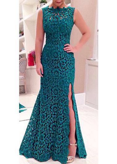 Sexy Open Back Side Slit Green Lace Maxi Dress