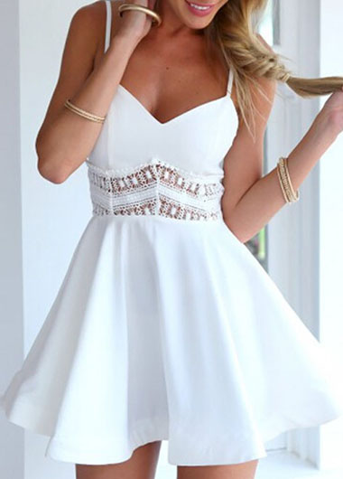 Fashion Solid Pierced Hollow Back Flare Dress - White