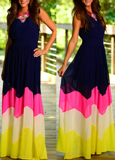 Fashion Bohemian Wave Stripe Print Color Block Maxi Dress