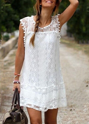 White Round Neck Lace Shift Dress With Pom Pom Trim