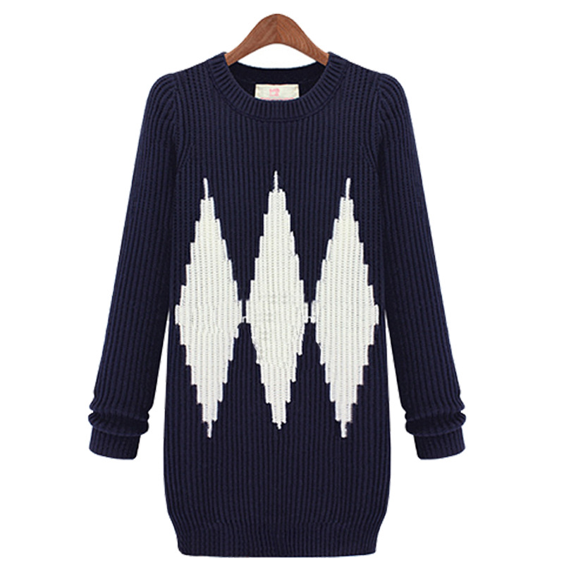 Large Size Diamond Pattern Warm Knit Women Sweaters And Pullovers - Dark Blue