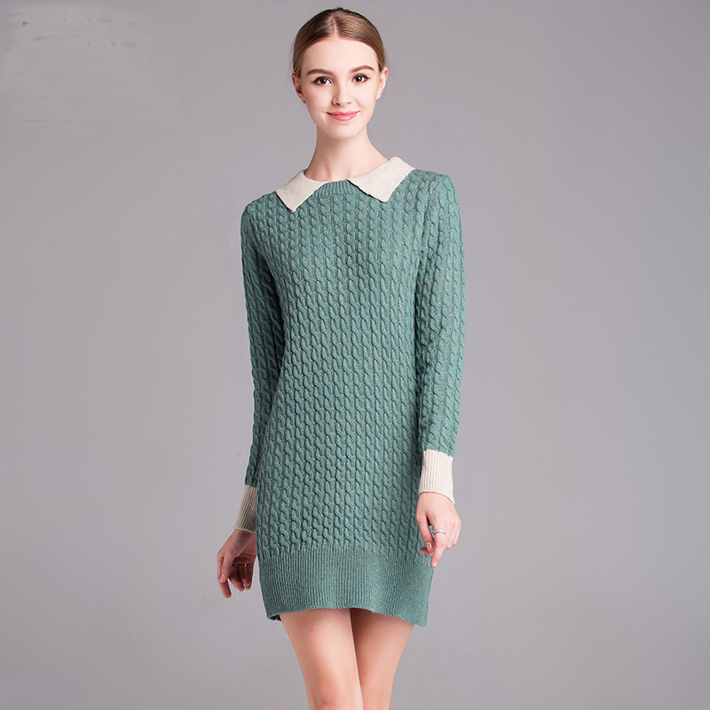 Fashion Autumn Winter Women Doll Collar Warm Knitted Sweater Dress