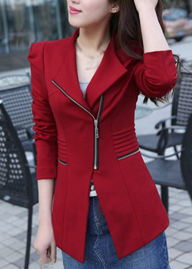 Fashion Long Sleeve Zipper Closure Red Blazer