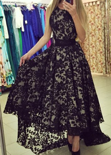 Elegant Lace Round Neck Asymmetric Maxi Dress - Black