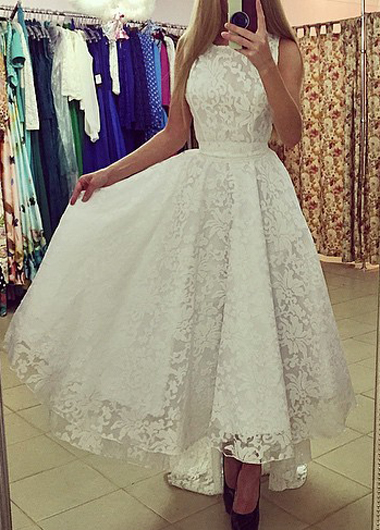 Elegant Lace Round Neck Asymmetric Maxi Dress - White