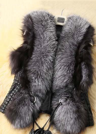 Chic Sleeveless Faux Leather Splicing Faux Fur Waistcoat