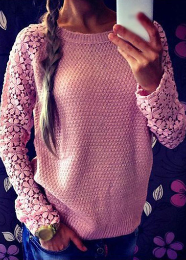 Fashion Lace Splicing Round Neck Pink Sweater (2 Colors)