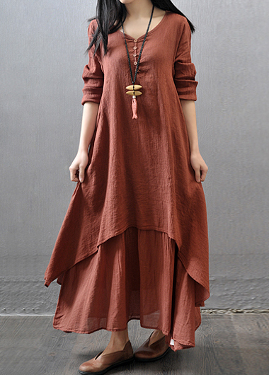 Casual Long Sleeve Button Decorated Rust Maxi Dress (3 Colors)