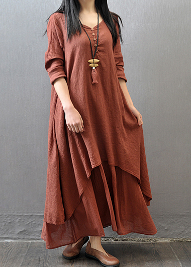 Casual Long Sleeve Button Decorated Rust Maxi Dress (3 Colors) on Luulla