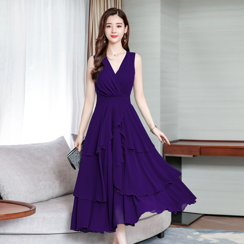 Fashion V Neck Tank Sleeveless Chiffon Asymmetrical Dress (5colors)