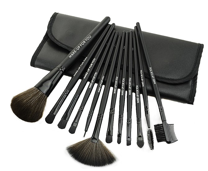 12 PCS Professioal Makeup Brush Set with Black Leather Case - Black