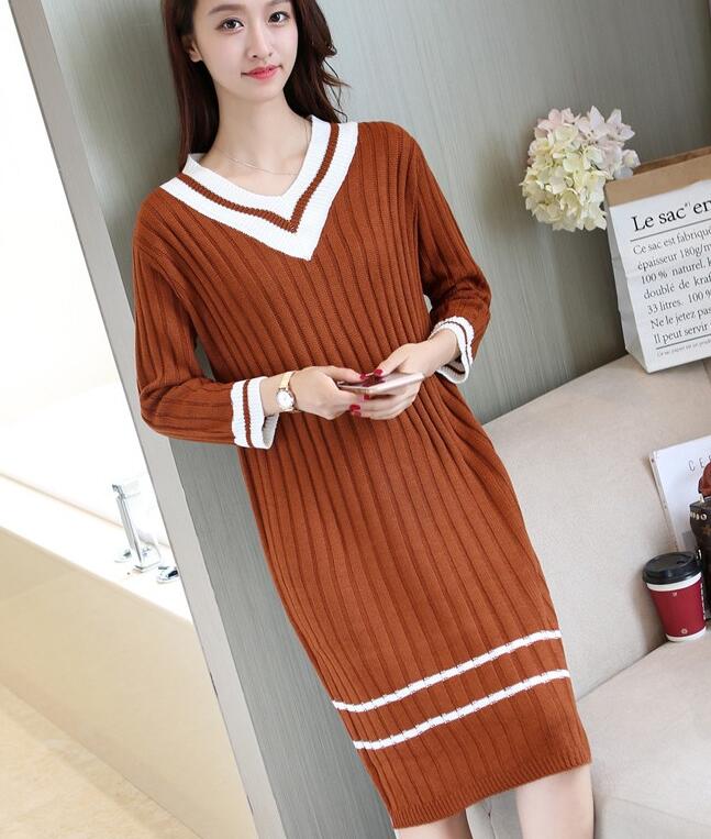 Fashion V Neck Long Sleeve Sweater Dress (3 Colors)