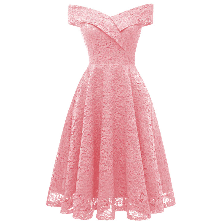 Elegant Sleeveless Women Off Shoulder Lace Dress - Pink