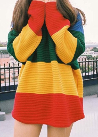 Casual Long Sleeve Color Block Long Sweater