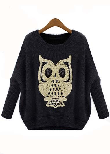 Fashion Owl Print Long Sleeve Round Neck Sweaters For Woman
