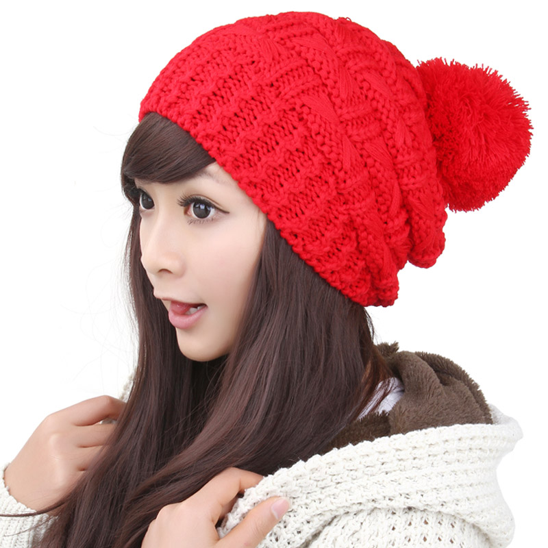 Free shipping Fshion Solid Knitted Winter Hat For Women - Red