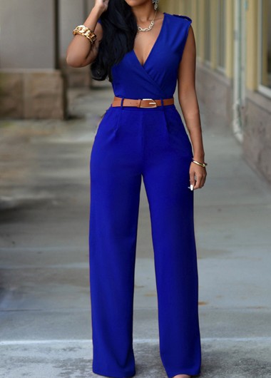 Sexy Pocket Design Sleeveless Jumpsuit - Royal Blue
