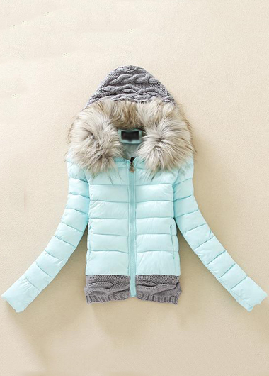 Fashion Knitting Wool Splicing Hooded Winter Coat - Light Blue