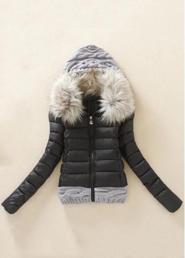 Fashion Knitting Wool Splicing Hooded Winter Coat - Black