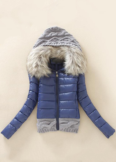 Fashion Knitting Wool Splicing Hooded Winter Coat - Navy Blue