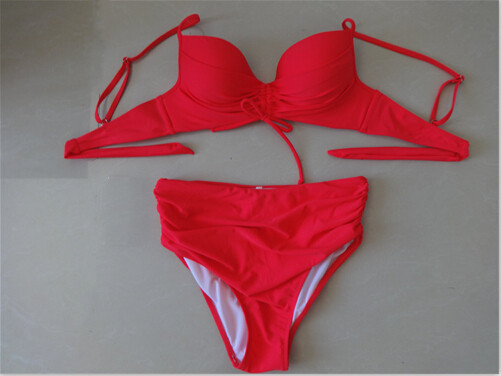 Woman High Waist Solid Swimwear Swimsuit Bikini - Red