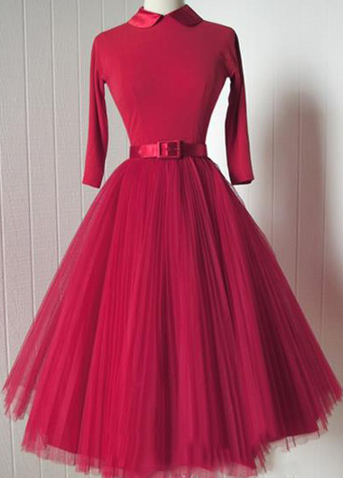 Fashion Peter Pan Collar Red Belted A Line Dress