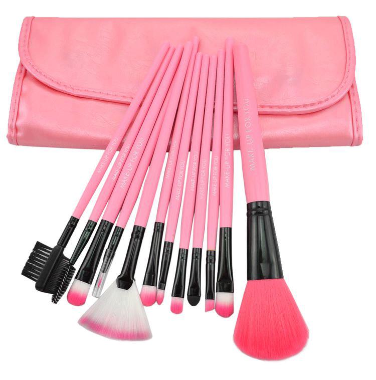 High Quality 12 Pcs Professioal Makeup Brush Set With Black Leather Case - Pink