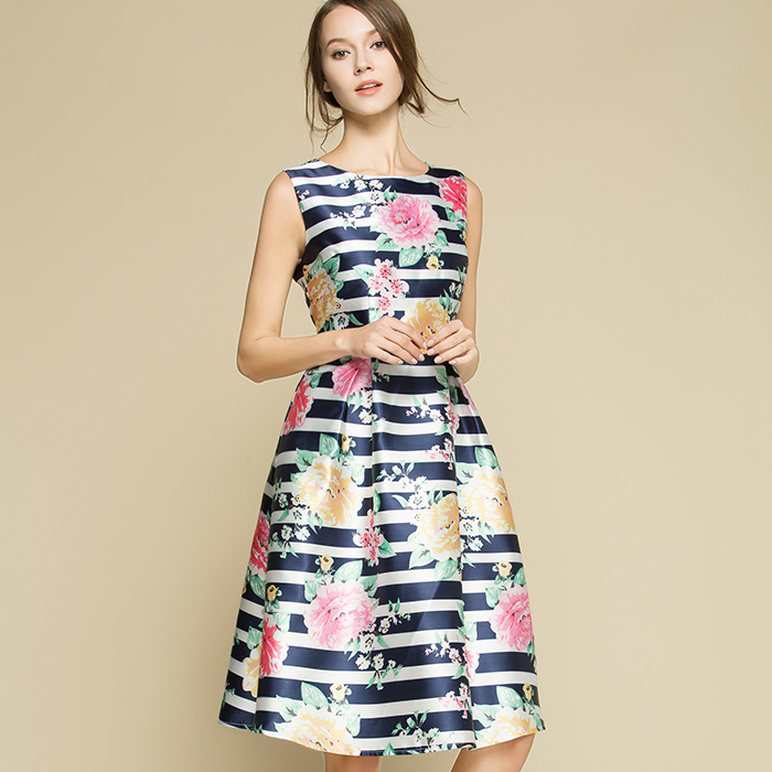 High Quality Fashion Stripe Floral Sleeveless Dress